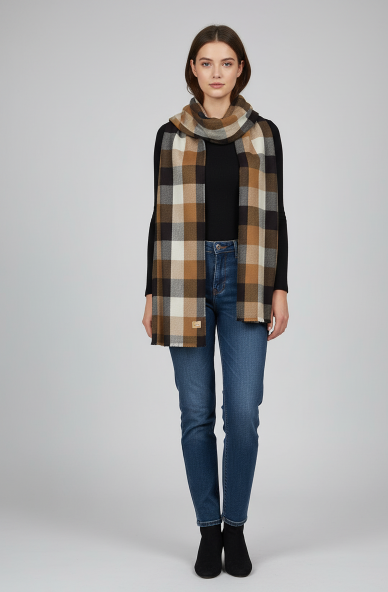 "Classic Brown and Black Checkered Scarf, Soft Unisex Winter Wrap by The Amritsar Store"