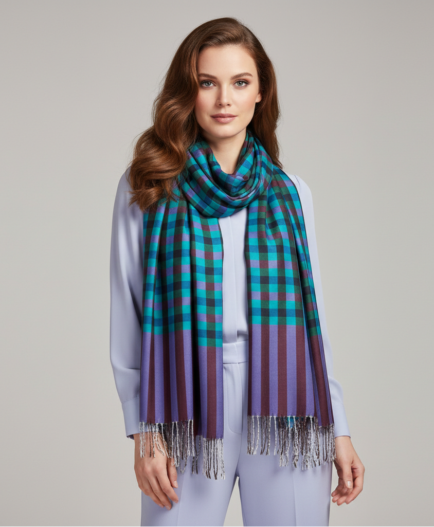 Women Scarf, Multicolor Bamboo Silk Scarf, Soft & Fine Quality with Check Pattern Reversible All Season Stole Size 2.00mtr x 0.70 mtr Weight 120 Grams - The Amritsar Store