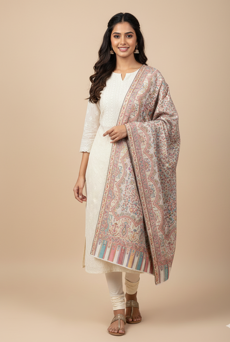 "The Amritsar Store Pastel Jaal Fine Wool Shawl with Multitone Paisley and Floral Weave"