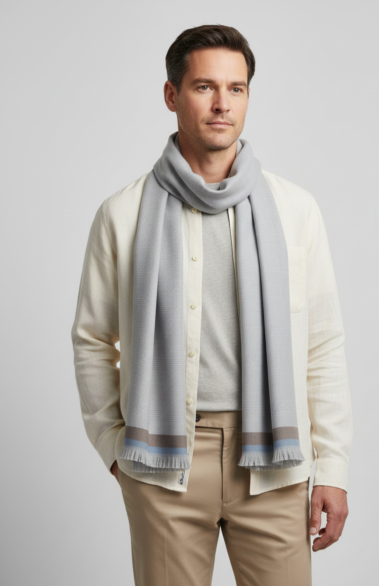 "Classic Grey Plaid Scarf with Dual-Tone Border, Soft Unisex Muffler by The Amritsar Store – Stylish Winter Wear Accessory