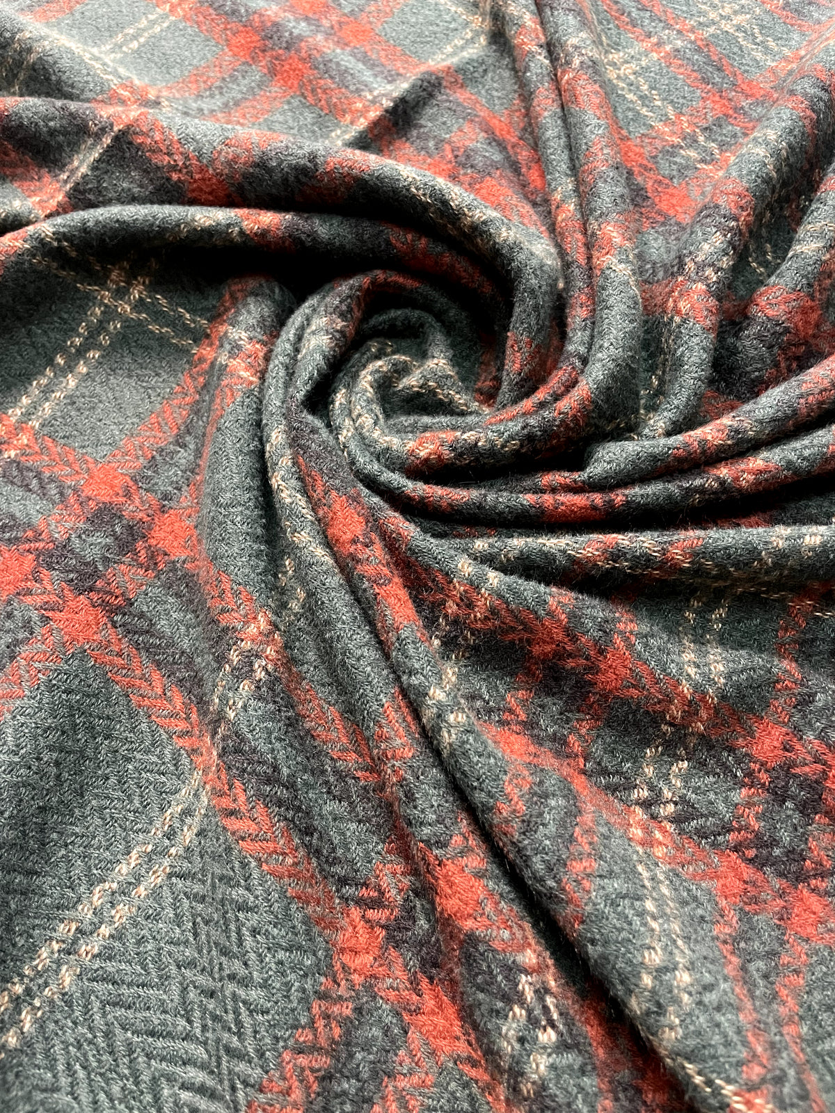 The Amritsar Store Classic Green, Rust & Beige Check Wool Scarf with soft woven checks and fringed edges