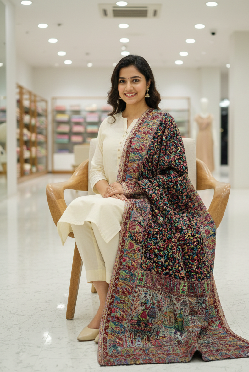 “The Amritsar Store Heritage Kani Stole – Vibrant Mughal-Inspired Story Weave (Women)”
