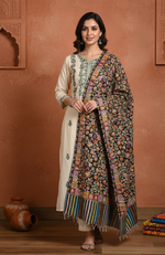 The Amritsar Store Kashmiri Kalamkari embroidered stole with multicolor floral jaal on black base and striped border