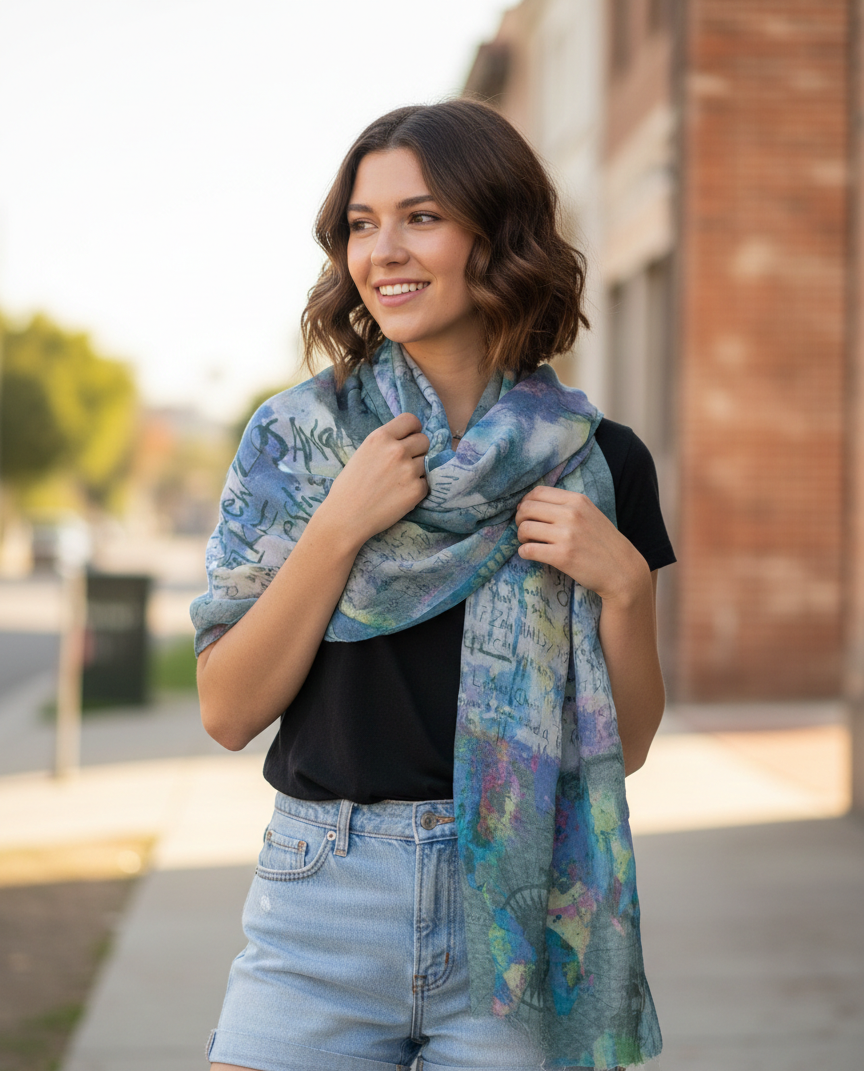 Los Angeles Folk Festival Scarf by The Amritsar Store featuring vibrant bohemian patterns, soft fabric, and lightweight all-season comfort for women.