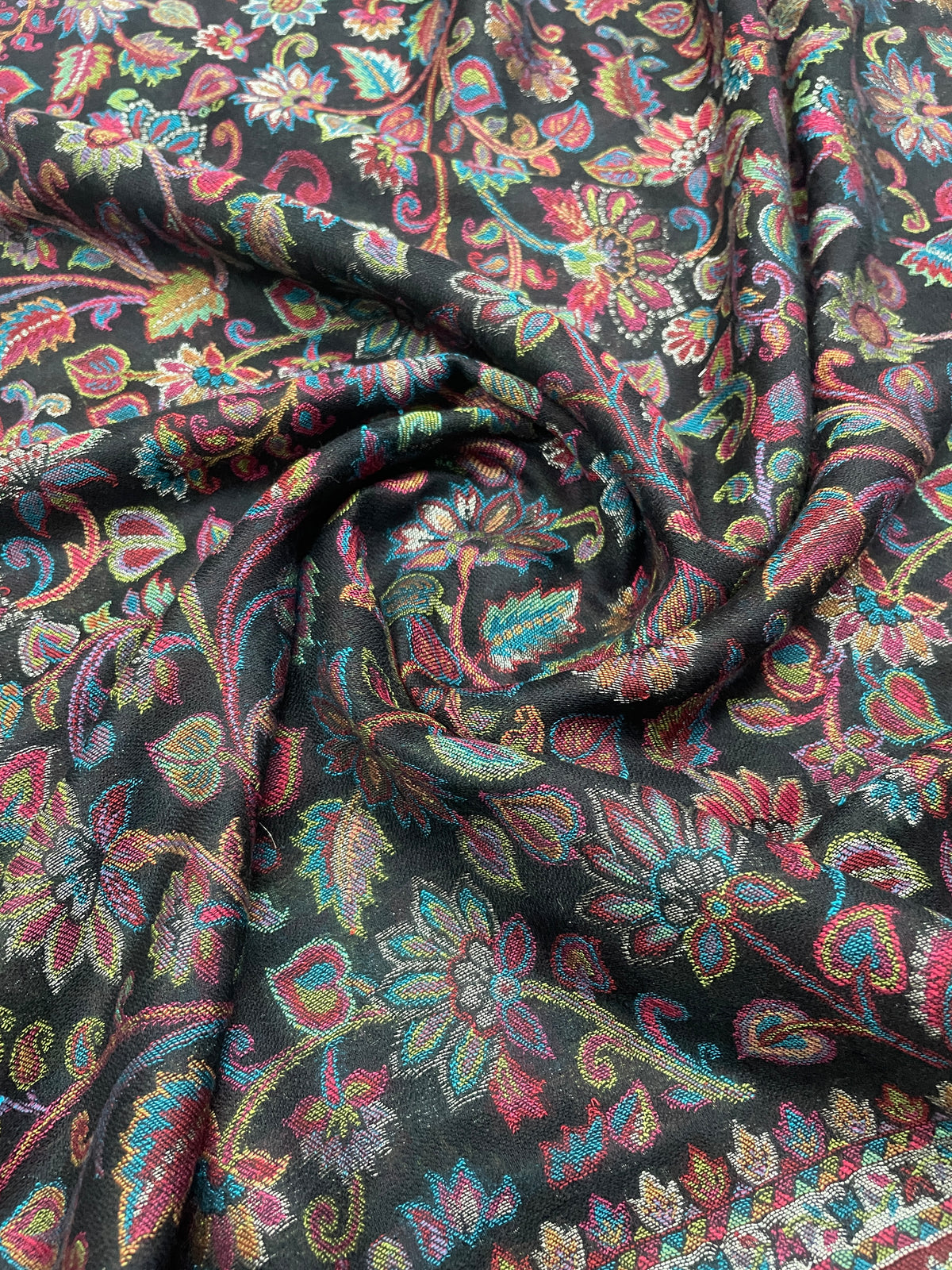 Majestic Peacock Garden Jaal shawl with intricate multicolor woven peacock and floral motifs, Kashmiri-inspired design