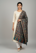 Heritage navy blue jaal stole with intricate paisley motifs and multitone woven borders by The Amritsar Store