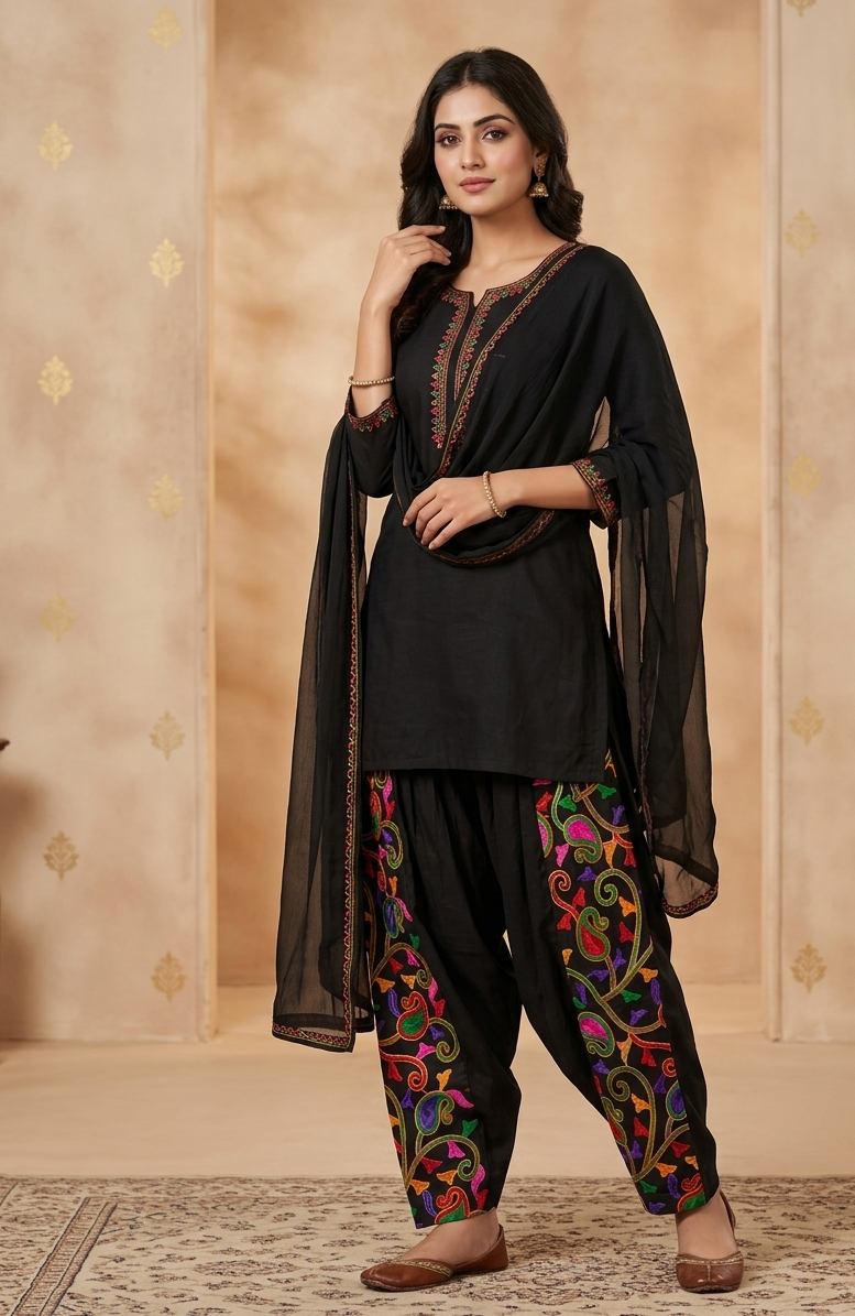 Black kora cotton salwar with multicolor Phulkari embroidery by The Amritsar Store