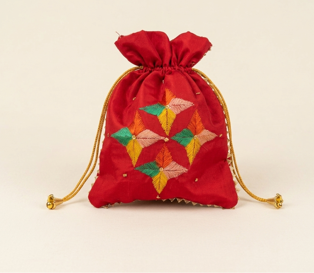 The Amritsar Store Phulkari Embroidered Red Potli Bag