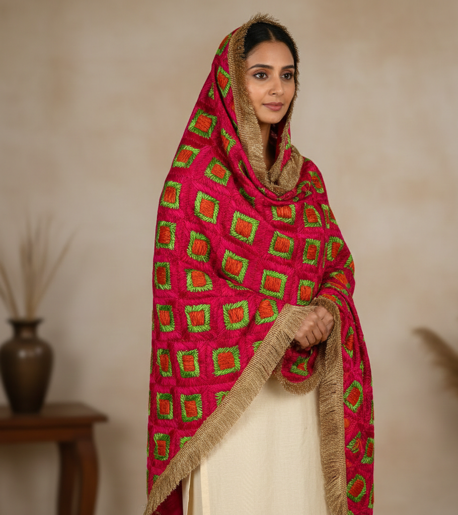 The Amritsar Store Phulkari dupatta with traditional hand embroidery in vibrant Punjabi floral motifs