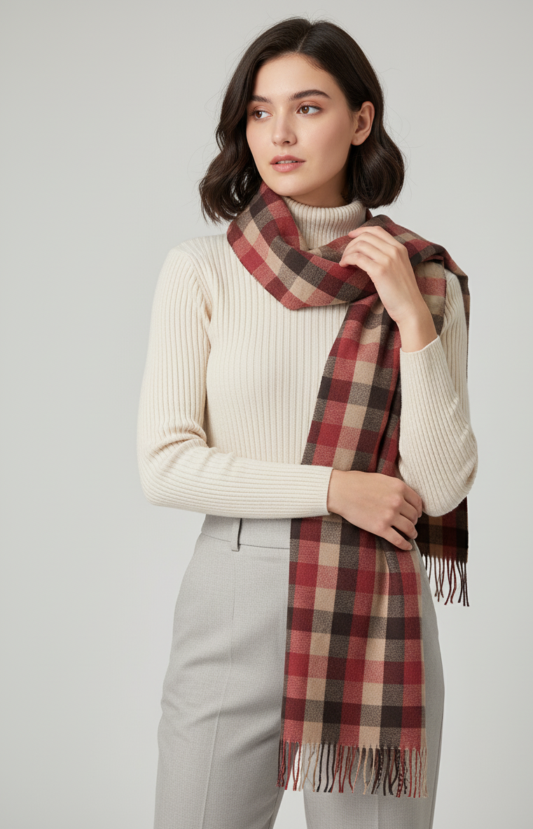 "Classic Red and Beige Checkered Scarf, Soft Winter Wrap for Men and Women by The Amritsar Store"