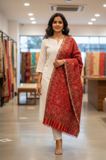 Heritage red Kashmiri jaal weave stole with intricate paisley motifs and multitone decorative borders by The Amritsar Store
