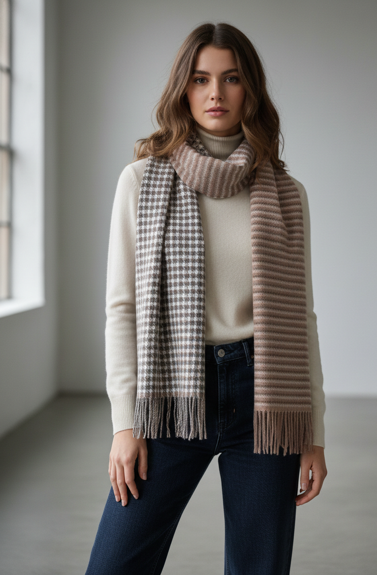 The Amritsar Store elegant reversible wool scarf featuring grey plaid design with soft pink woven accents