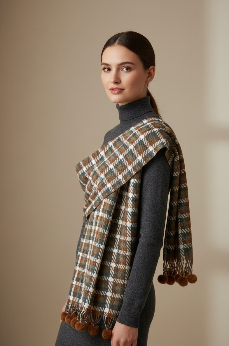 The Amritsar Store rust and olive classic check scarf for women, featuring an elegant checked pattern and soft drape