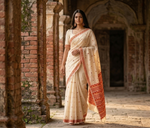 Hand embroidered off-white Phulkari saree for women with traditional Punjabi embroidery