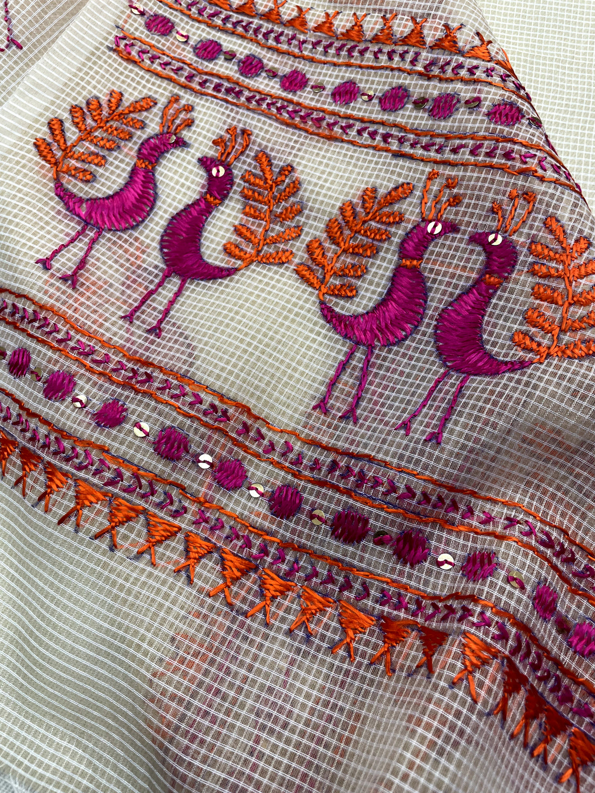 Off White Kota Doria Phulkari Dupatta for Women with Hand Embroidered Traditional Punjabi Floral Design