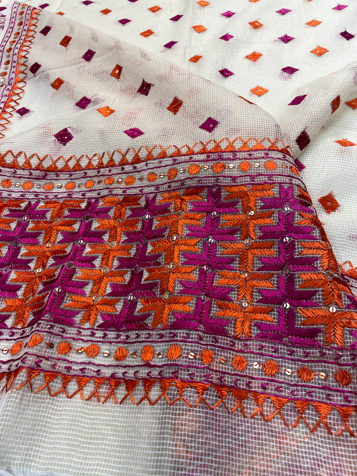 Orange and pink hand embroidered Phulkari dupatta for women with traditional Punjabi floral embroidery, lightweight ethnic festive wear by