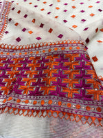 Orange and pink hand embroidered Phulkari dupatta for women with traditional Punjabi floral embroidery, lightweight ethnic festive wear by