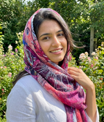 Contemporary art print scarf for women by The Amritsar Store, modern abstract design, lightweight soft fabric fashion wrap for all seasons.