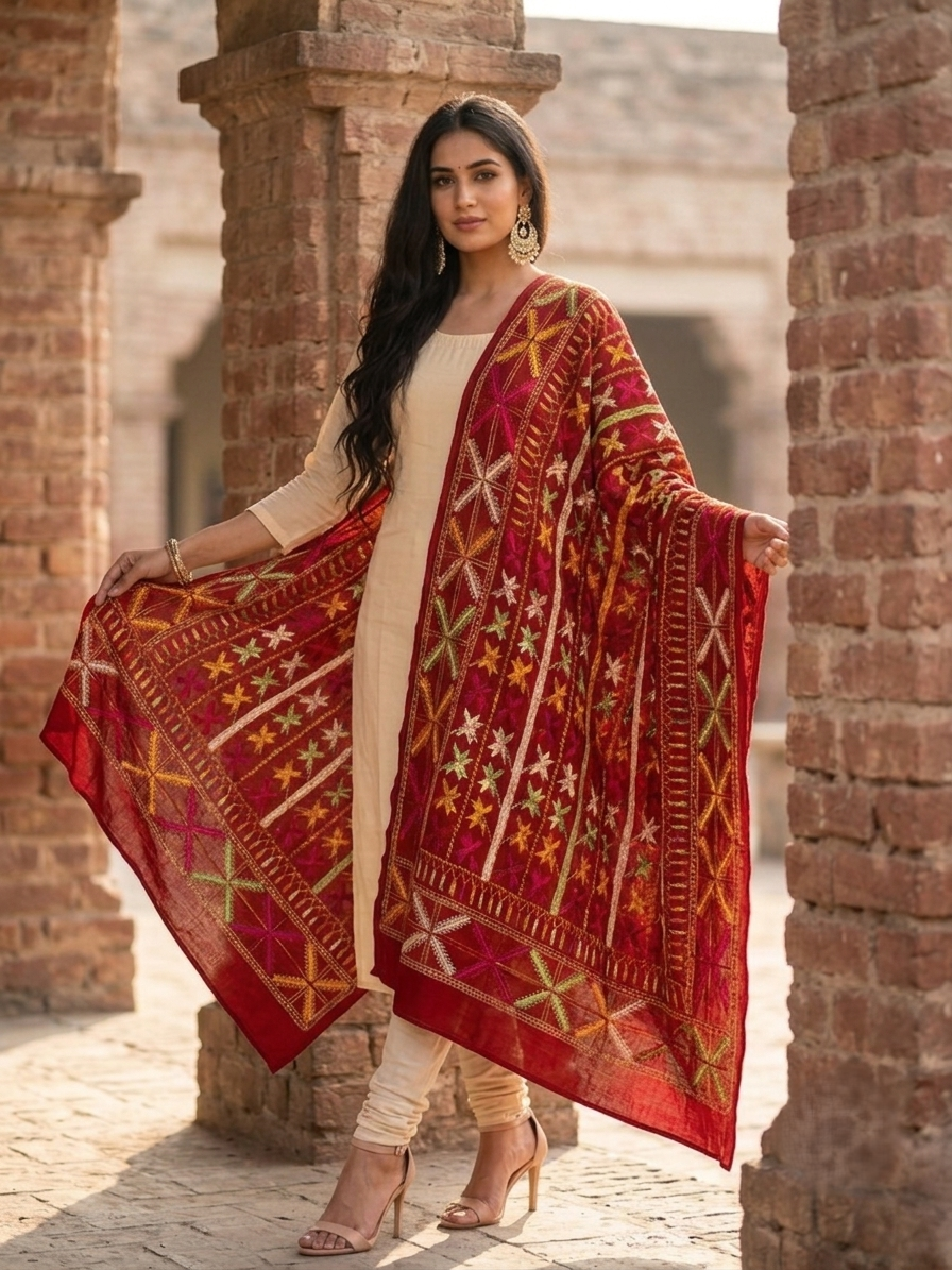 Multicolor Punjabi embroidered Phulkari Bagh dupatta for women by The Amritsar Store with traditional handcrafted ethnic embroidery