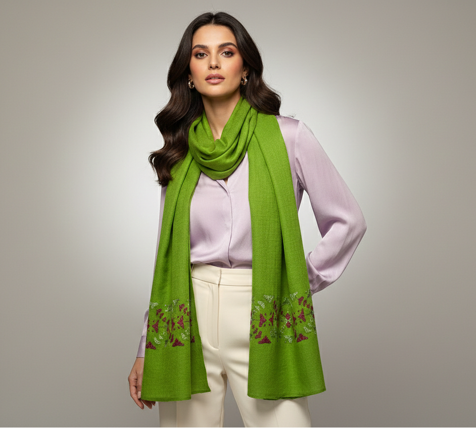The Amritsar Store Phulkari hand embroidered green Shawl with magenta border showcasing traditional Punjabi craftsmanship