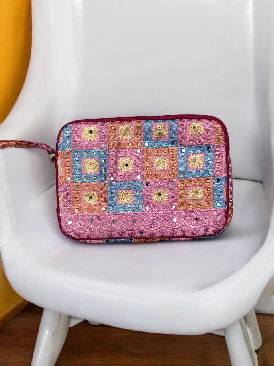 Pink Phulkari laptop bag with sleeve and premium zip