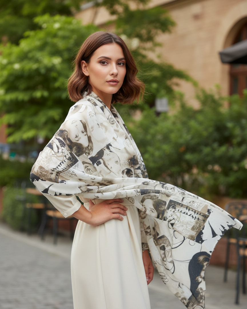 Vintage Hollywood print scarf in beige and sepia tones featuring classic cinema-inspired artwork by The Amritsar Store