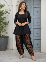 Black kora cotton salwar with multicolor Phulkari embroidery by The Amritsar Store
