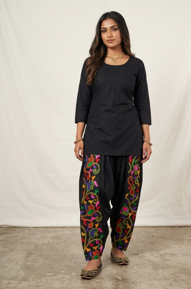 Black kora cotton salwar with multicolor Phulkari embroidery by The Amritsar Store