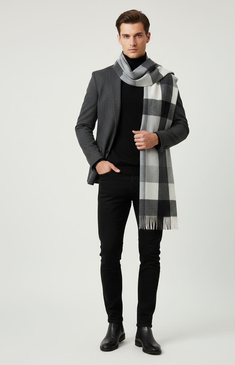 “The Amritsar Store classic black and white check wool scarf, soft woven winter scarf