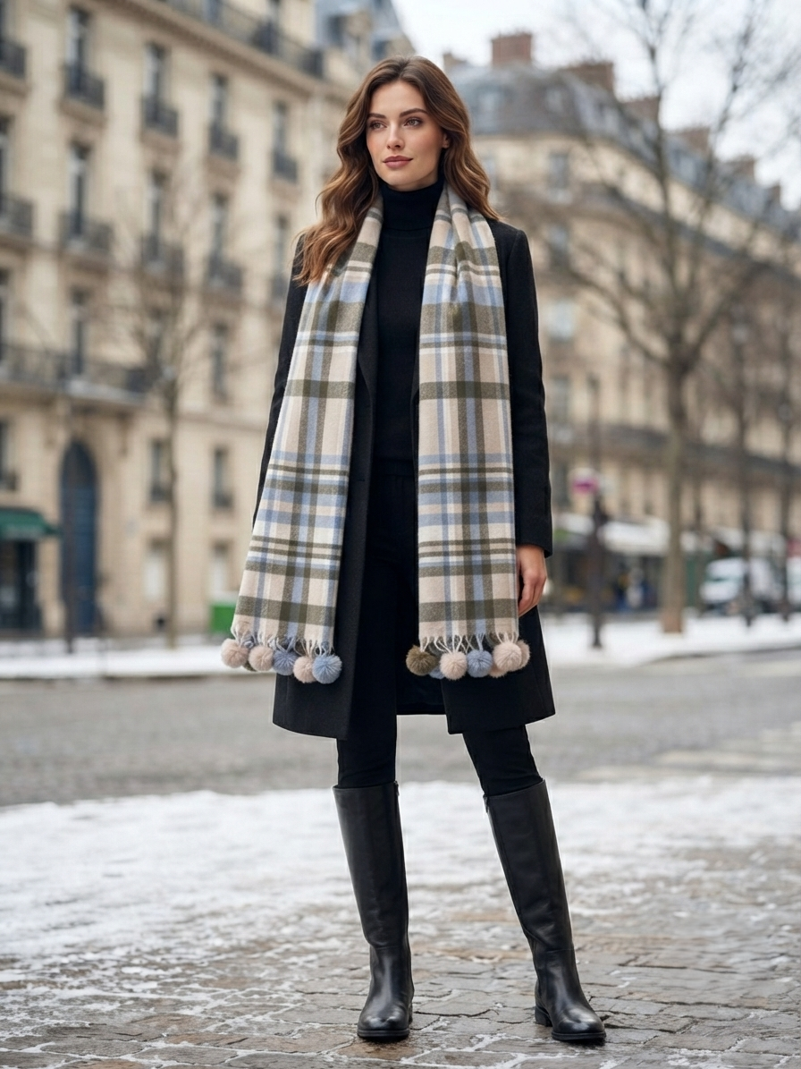 Blue Beige Plaid Wool Scarf for Women – Soft Winter Scarf with Tassels | The Amritsar Store - The Amritsar Store