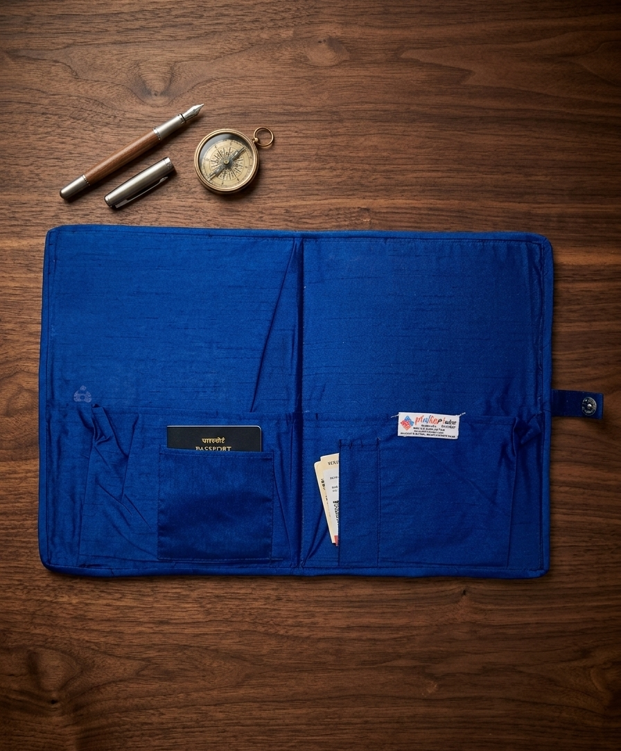 The Amritsar Store Handmade Blue Embroidered Fabric Document File with Traditional Mirror Work Detailing
