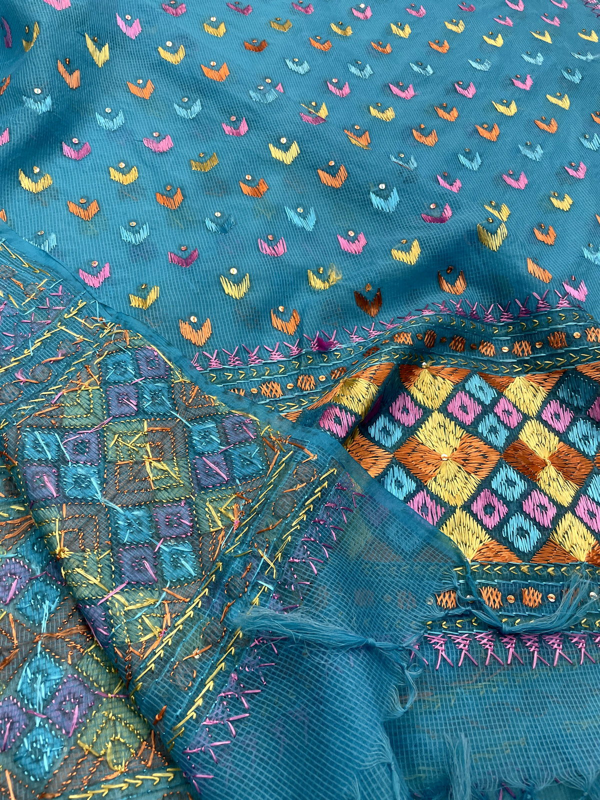 Hand embroidered blue Phulkari dupatta for women with traditional Punjabi floral embroidery and elegant ethnic design.