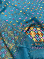 Hand embroidered blue Phulkari dupatta for women with traditional Punjabi floral embroidery and elegant ethnic design.