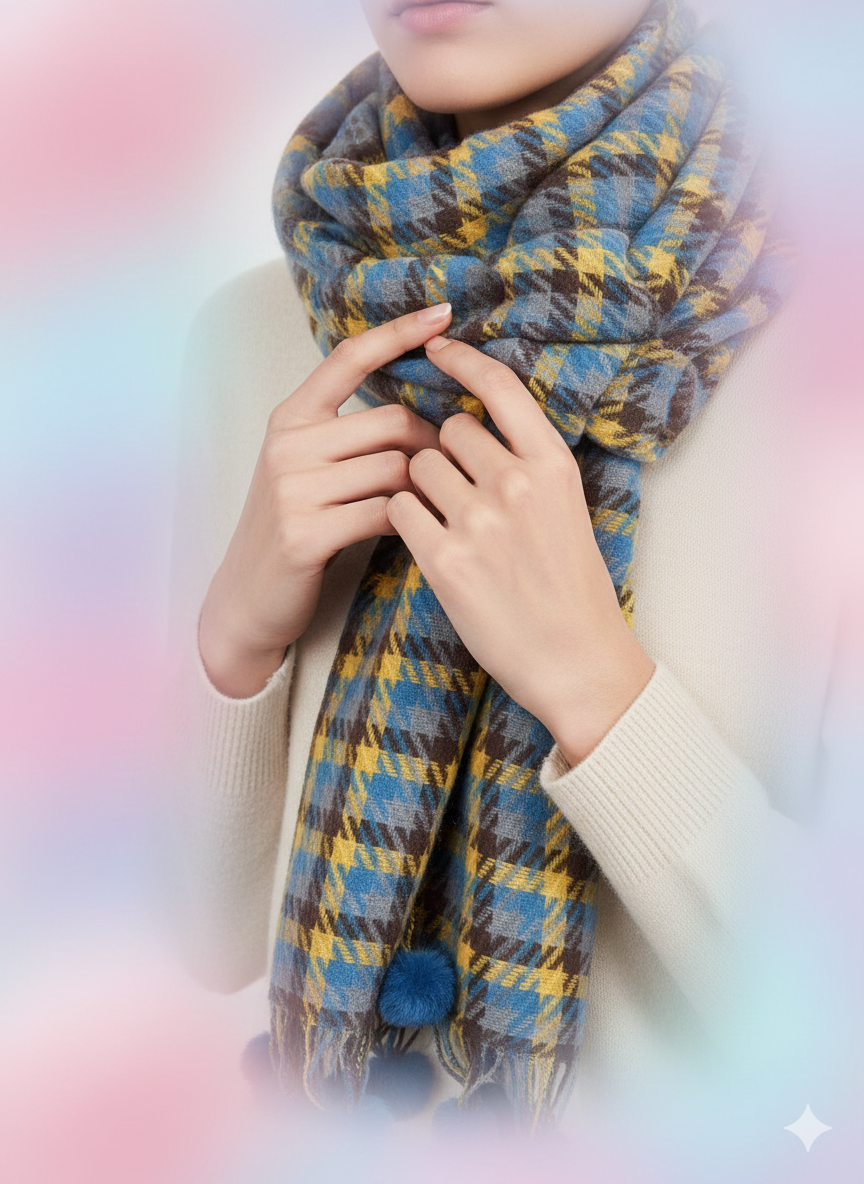 “The Amritsar Store blue and mustard checked wool scarf for women – soft winter wear”