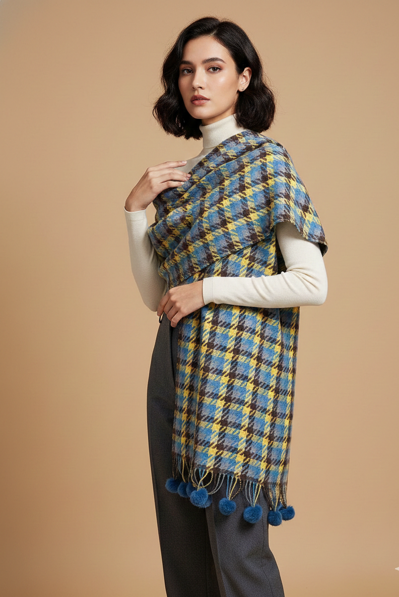The Amritsar Store blue and mustard checked wool scarf for women – soft winter wear”