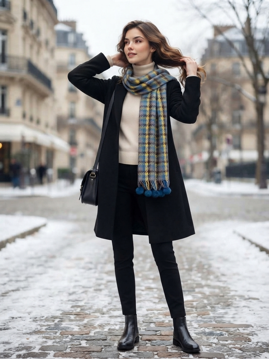 Blue Mustard Checked Wool Scarf for Women – Soft Winter Scarf | The Amritsar Store - The Amritsar Store