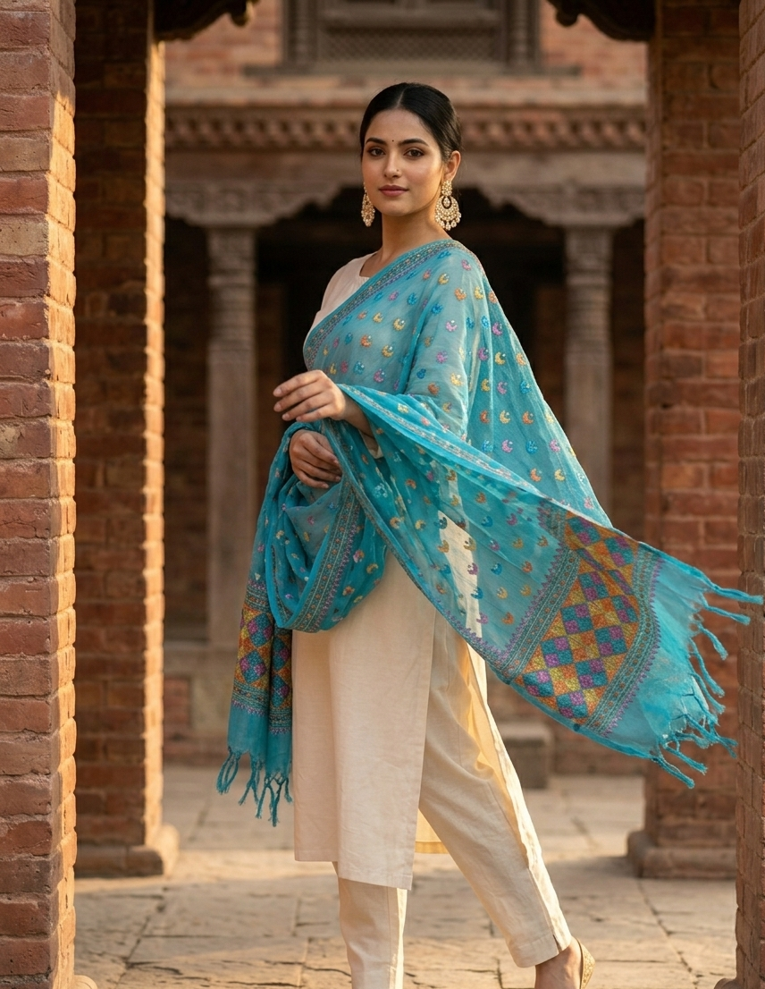 Hand embroidered blue Phulkari dupatta for women with traditional Punjabi floral embroidery and elegant ethnic design.