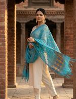 Hand embroidered blue Phulkari dupatta for women with traditional Punjabi floral embroidery and elegant ethnic design.