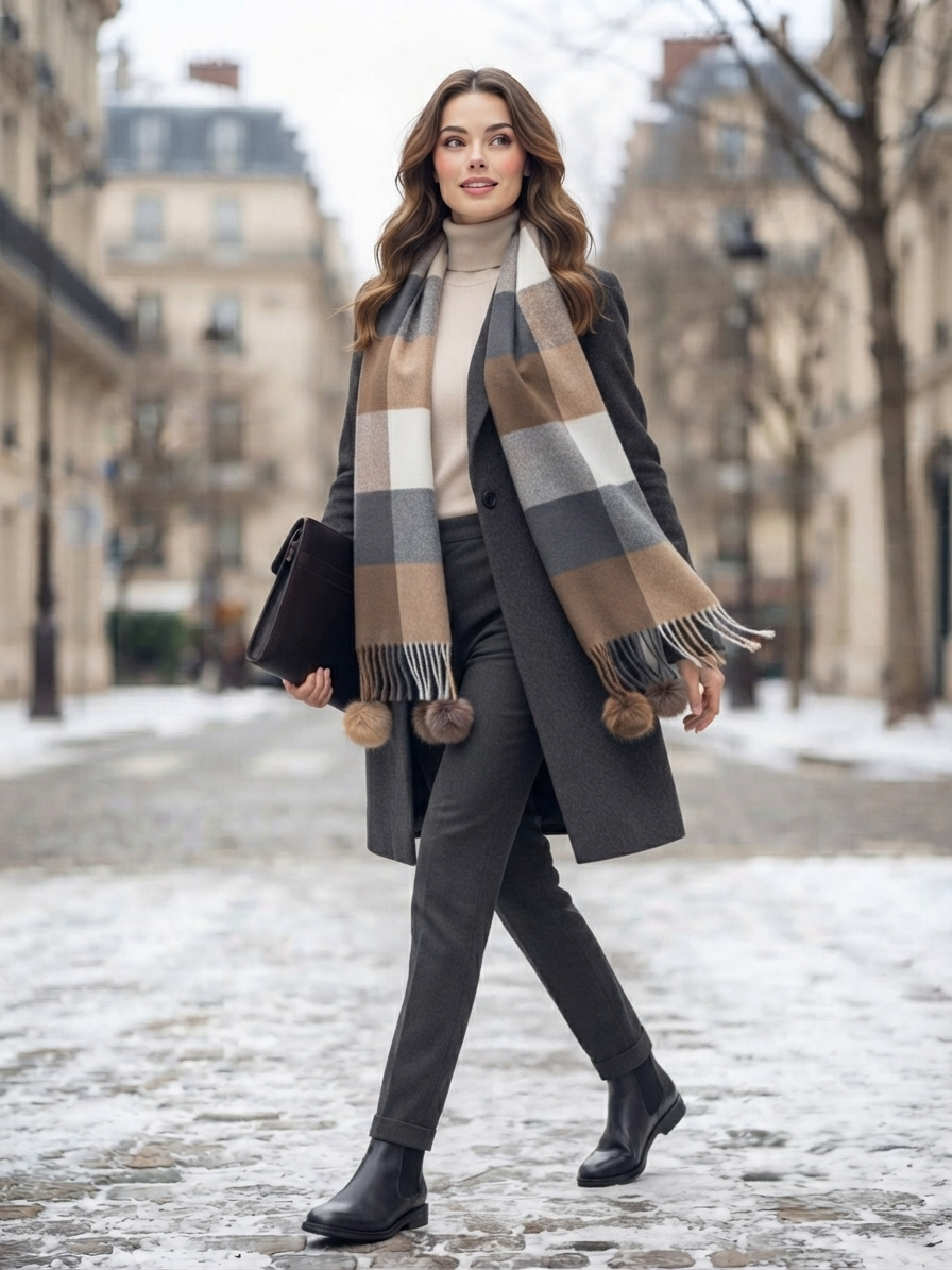 Brown Beige Grey Checked Wool Scarf for Women – Soft Winter Scarf | The Amritsar Store - The Amritsar Store