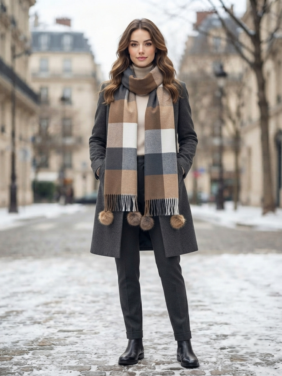 Brown Beige Grey Checked Wool Scarf for Women – Soft Winter Scarf | The Amritsar Store - The Amritsar Store
