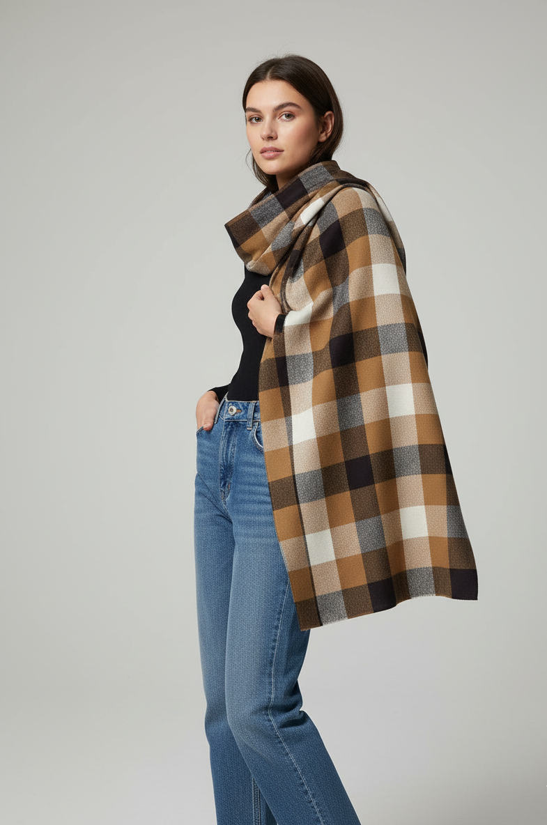 "Classic Brown and Black Checkered Scarf, Soft Unisex Winter Wrap by The Amritsar Store"