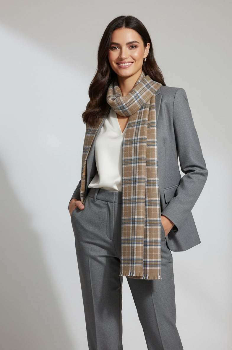 "Classic Brown and Blue Checkered Shawl with Fringe Details, Soft Winter Wrap for Men and Women by The Amritsar Store"