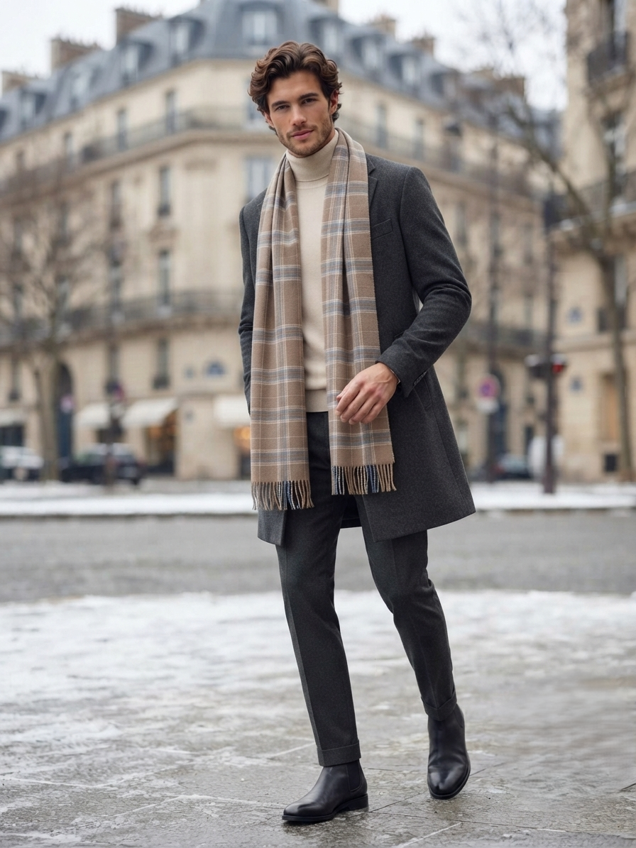 Brown Blue Checkered Wool Shawl – Soft Winter Scarf for Men & Women | The Amritsar Store - The Amritsar Store