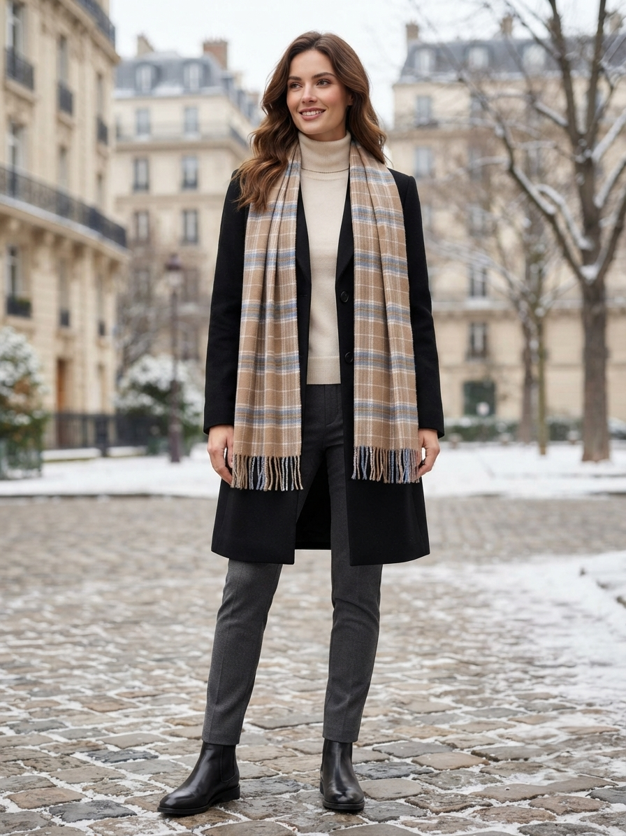 Brown Blue Checkered Wool Shawl – Soft Winter Scarf for Men & Women | The Amritsar Store - The Amritsar Store