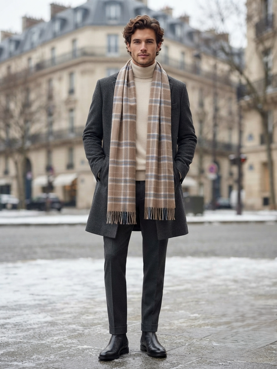 Brown Blue Checkered Wool Shawl – Soft Winter Scarf for Men & Women | The Amritsar Store - The Amritsar Store