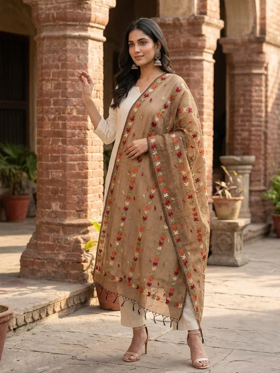 Phulkari Dupatta – Hand Embroidered Brown Dupatta For women | The Amritsar Store - The Amritsar Store