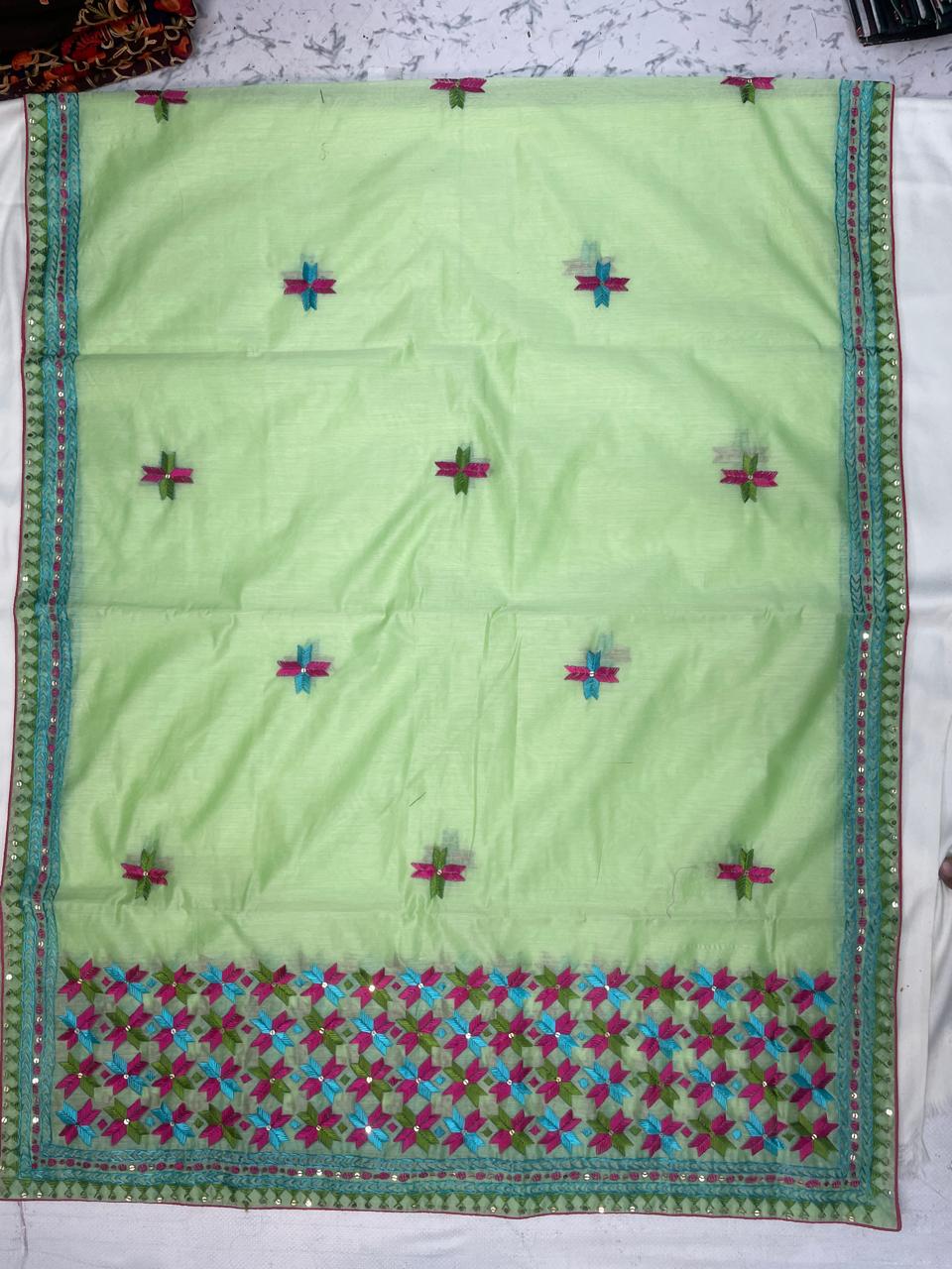 “Parrot Green Phulkari Dupatta with Hand Embroidered Magenta Thread – Traditional Punjabi Stole, Ethnic Indian Party Wear”