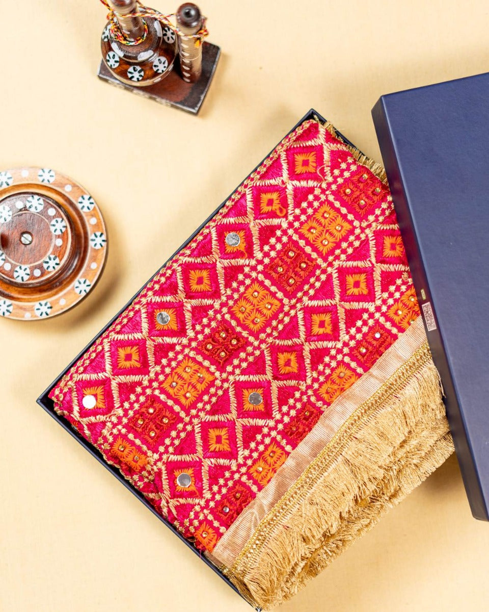 Magenta Phulkari Dupatta With Four Side Golden Lace & Mirror Work By The Amritsar Store - The Amritsar Store