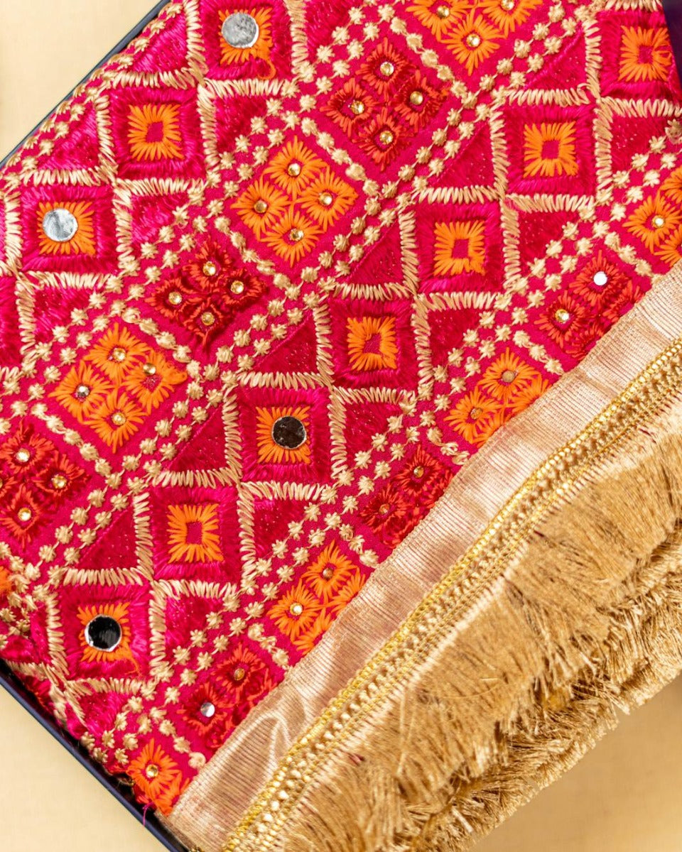 Magenta Phulkari Dupatta With Four Side Golden Lace & Mirror Work By The Amritsar Store - The Amritsar Store