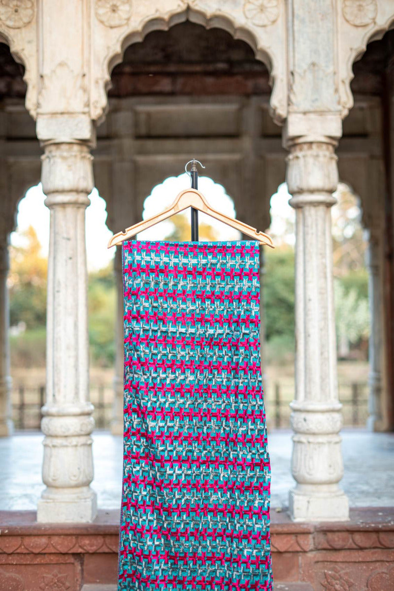 Phulkari Dupatta in Turquoise Green With Bagh Hand Embroidery in Punjabi Traditional Floral Motifs 2.45 Mtr x 0.88 Mtr - The Amritsar Store